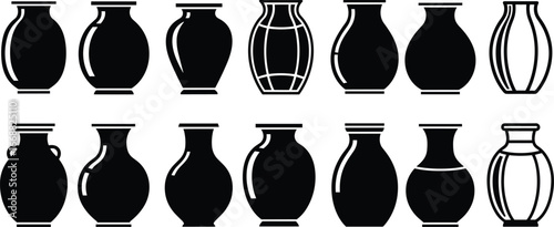 Black and white vase silhouettes, decorative pottery shapes, ceramic vessel collection, minimalist outline art, antique amphora, modern urn design, elegant home decor illustration, vector set