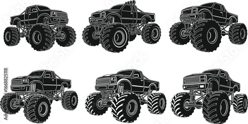 Monster truck silhouettes, off road vehicle designs, big wheel trucks, extreme sport vector, rugged automotive illustration, lifted suspension, powerful engine, black and white set