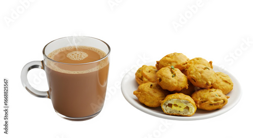 Chai with snacks pakora isolated on white background.