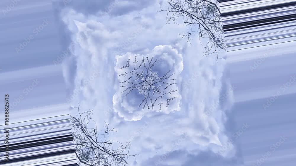 video abstracto de movimiento de cielo combinado con ramas de arboles  y diagonales en colores azul y blanco