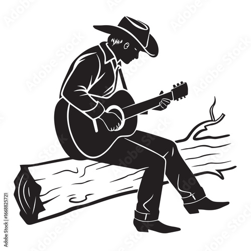 A cowboy playing guitar while sitting on a log isolated on white background