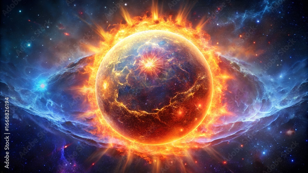 Obraz premium A mesmerizing cosmic dance of a fiery sun, radiating energy and light amidst a swirling nebula in the vast expanse of the universe