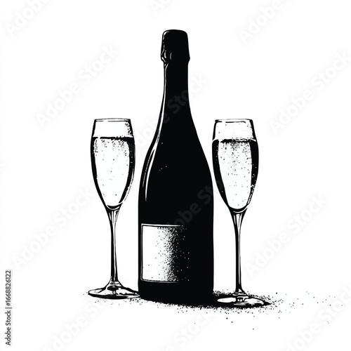 Elegant Celebration Black and White Champagne Bottle and Glasses Illustration Perfect for Invitations and Graphic Designs A Timeless Classic
