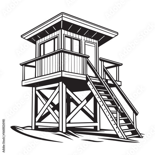 Lifeguard tower on the beach isolated on white background, a symbol of safety