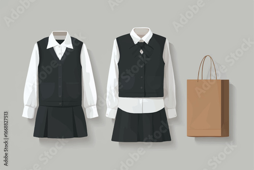 Elegant school uniform design featuring a pleated skirt vest and shirt with a stylish shopping bag for fashion conscious students