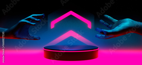 3d illustration rendering of y2k 2000s gaming technology futuristic fantasy metaverse cyberpunk sci-fi display podium pedestal stage room abstract background in neon-glow