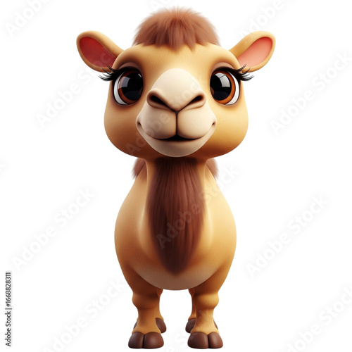 A charming 3D cartoon camel with large, expressive blue eyes and a gentle smile, featuring a light brown coat with a white underbelly. Ideal for children's media, animations, or playful design project