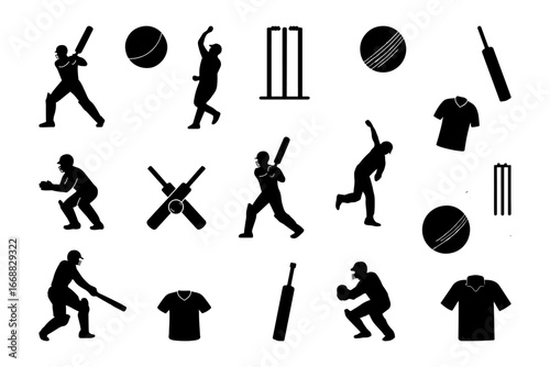Cricket Silhouettes Collection: Balls, Bats, Players, Gear & Equipment