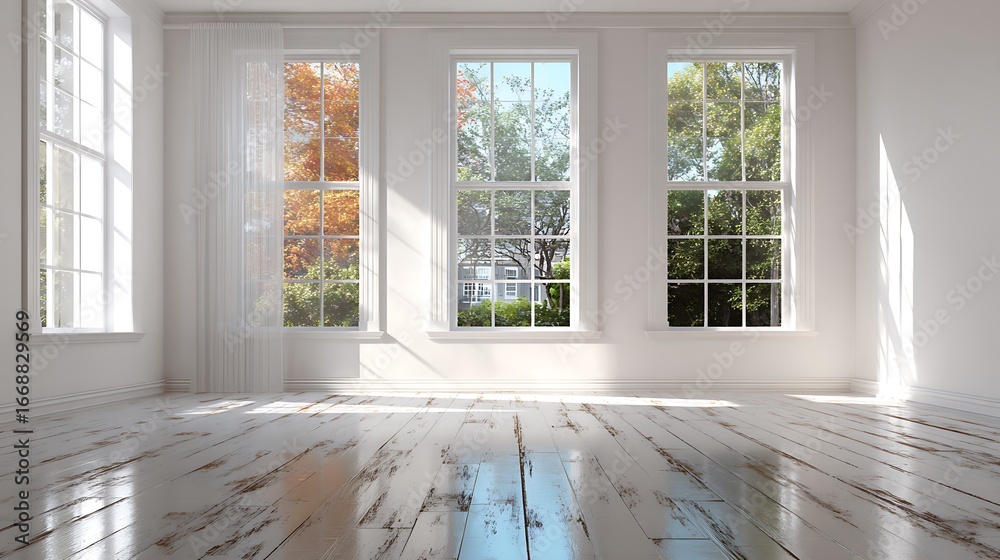 Fototapeta premium Sunlit Empty Room with Large Windows Overlooking Autumn Landscape