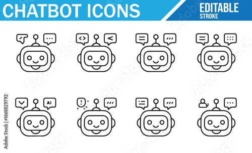 Editable Digital Chatbot Icons for Interaction, Help, and Messaging Apps