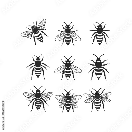 Pattern of nine stylized bees in black and white on a white background