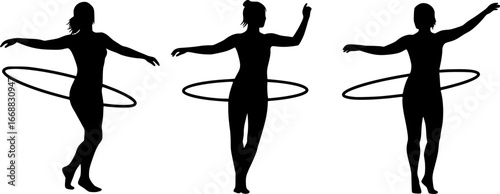 ballet dancer silhouettset of Three silhouettes of women hula hooping in various poses against a white background in black color | editable eps vectors
