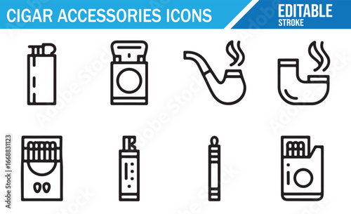 Editable Cigar Icons Set for Tobacco Packs, Vape Pen, and Smoking Gear