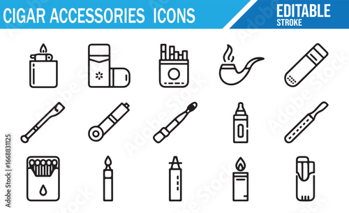 Vector Icons Representing Cigarettes, Pipes, Lighters, and Nicotine