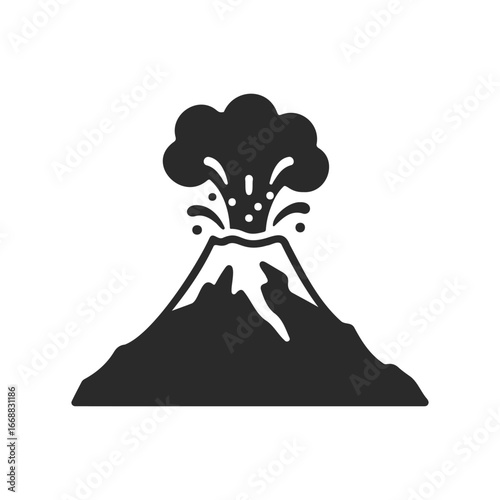 Silhouette of erupting volcano with ash cloud and lava