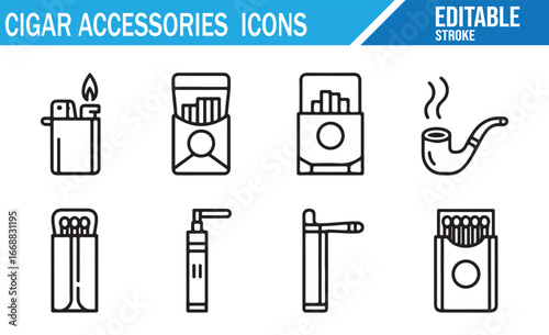 Outline Vector Icons for Cigar Packs, Pipes, Lighters, and Vape Sticks