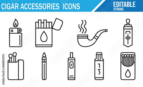Editable Vector Icons of Cigar Accessories, Lighter, Pipe, and Tobacco
