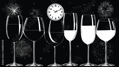Festive New Years Eve Celebration with Wine Glasses Clock and Fireworks Illustration Ready for Midnight Toast