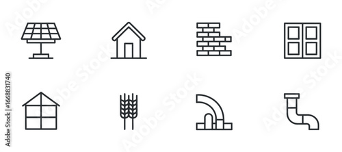 Construction and Building Elements Icons Featuring Solar Panel, House, Bricks, and Window Illustration