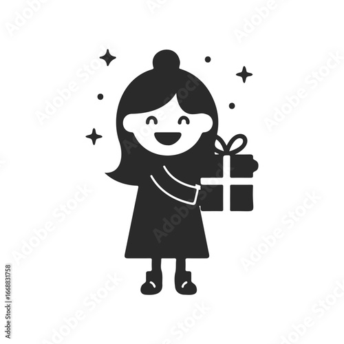 Happy asian female child holding gift with stars icon