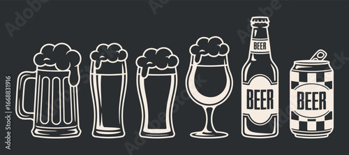 Elegant Beer Glasses and Bottles Illustration on Dark Background for Brewery, Pub, and Beverage Designs