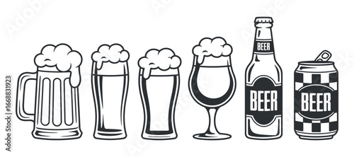 Variety of Beer Glasses and Bottles Illustration for Brewery, Pub, and Beverage Related Designs