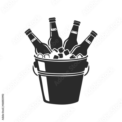 Bucket with ice and beer bottles icon in black and white design