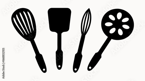Four kitchen utensils in black silhouette including whisk spatula and slotted spoon in a row isolated