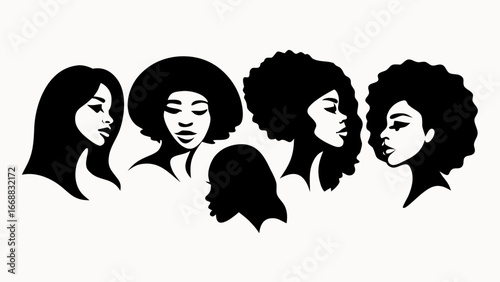 Silhouettes of diverse black women with various hairstyles in black and white shades design art