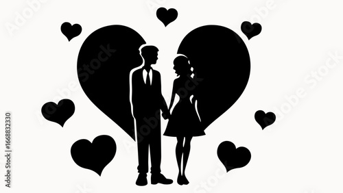 Silhouette of a couple holding hands surrounded by hearts in a black and white illustration style
