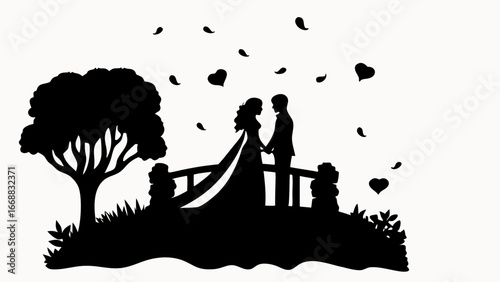 Silhouette of a couple holding hands on a bridge with a tree and falling hearts in the background
