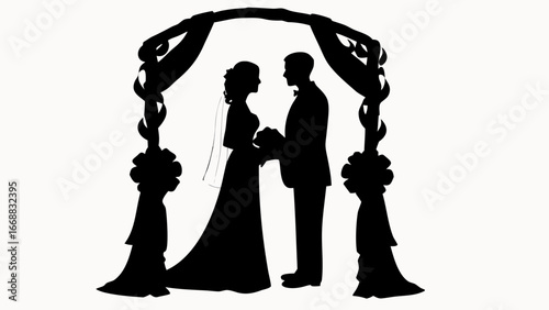 Silhouette of a bride and groom under a decorated archway for a wedding ceremony illustration art
