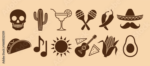 Cinco de Mayo Vector Icons Set Featuring Skull, Cactus, Margarita, Maracas, Chili, Sombrero, Taco, and More