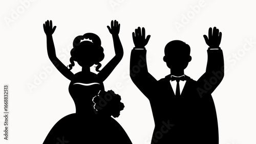 Silhouette of a bride and groom raising their hands in a celebratory gesture on a white background