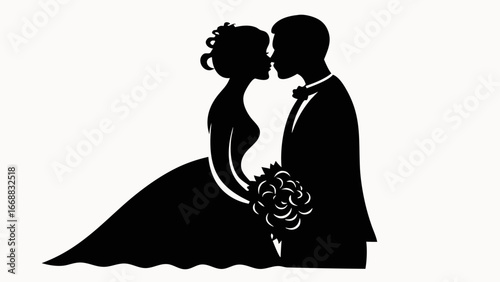 Silhouette of a bride and groom in wedding attire about to kiss with a bouquet in the bride's hands