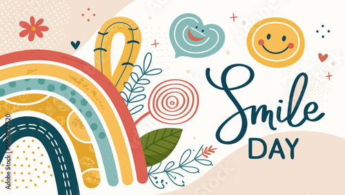 Abstract background with shapes evoking happiness in bright tones and curves, for Smile Day with copy space