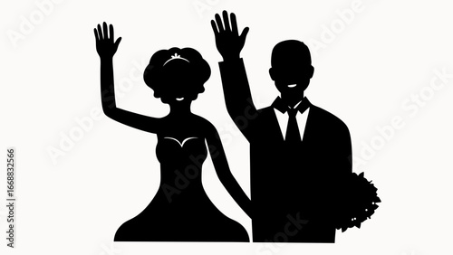 Silhouette of a bride and groom waving with the bride holding a bouquet of flowers in black and white