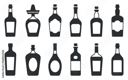 Collection of Liquor Bottle Silhouettes for Branding and Design Projects, Featuring Various Shapes and Styles