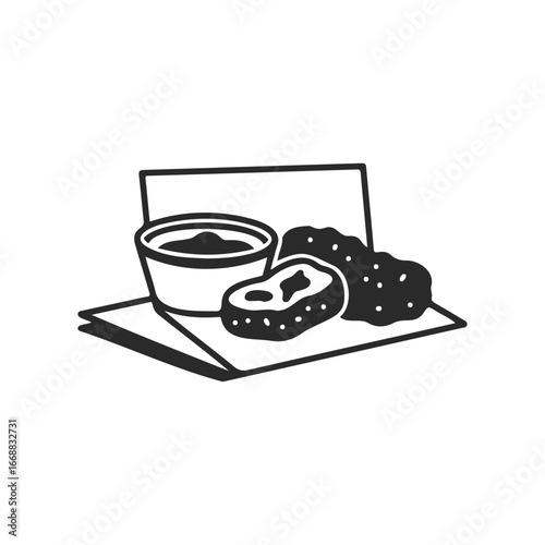 Monochrome icon of chicken nuggets and dipping sauce on tray