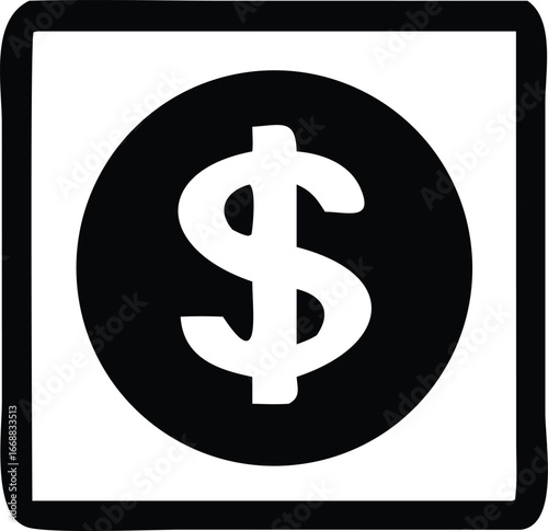 Monochromatic dollar sign icon inside a circular emblem representing finance and currency transactions