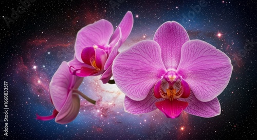 Ethereal Orchid Bloom with Galactic Backdrop Emphasizing Natural Beauty and Cosmic Wonder