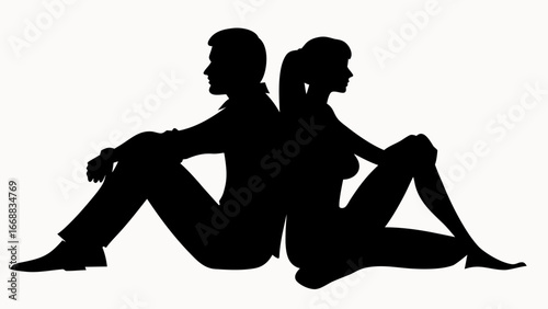 Silhouette of a man and woman sitting back to back in black and white illustration art image