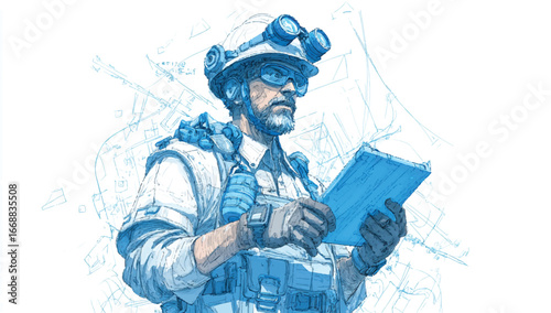 Futuristic engineer reviewing data on a digital tablet with innovative helmet design and augmented reality interface schematic drawing