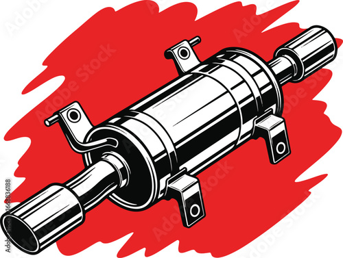 Car Muffler Icon – Black and White Vector Illustration on Red Background