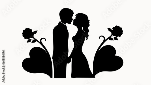Silhouette of a romantic couple about to kiss with hearts and flowers on a white background vector art