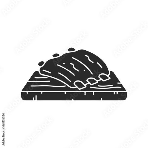 Silhouette of grilled ribs on wooden platter icon with bone details