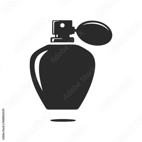 Elegant vintage perfume bottle with atomizer silhouette on white background
