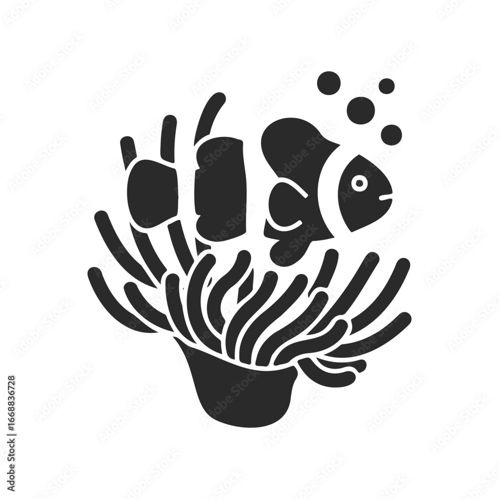 Fototapeta premium Clownfish and anemone silhouette with bubbles on white background