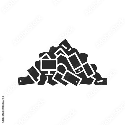 Pile of household electronic waste in black and white silhouette