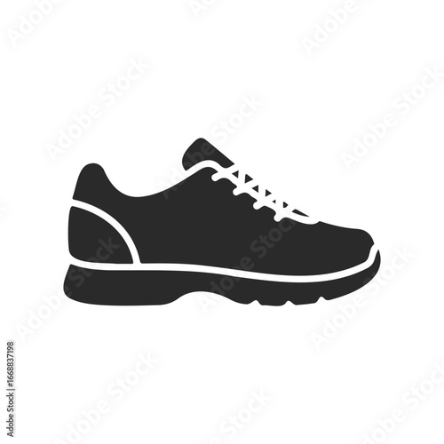 Black athletic shoe silhouette on white background